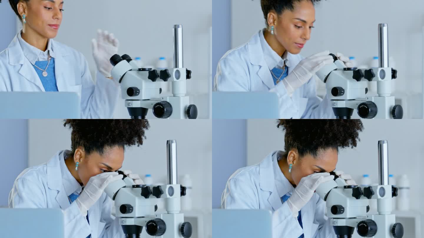 女人，笔记本电脑和法医科学与显微镜的发现或突破在实验室。严肃的女科学家在计算机上寻找治疗方法或在生物