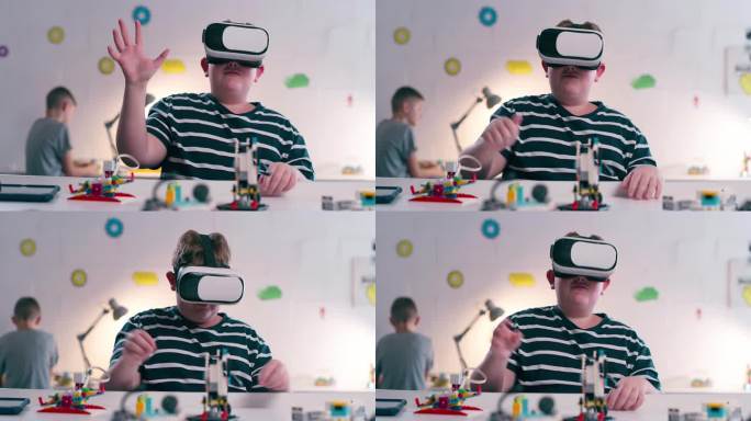 虚拟现实，虚拟世界和教育与一个男孩在机器人课上学习或儿童发展。技术，互动和界面与学生使用虚拟现实耳机