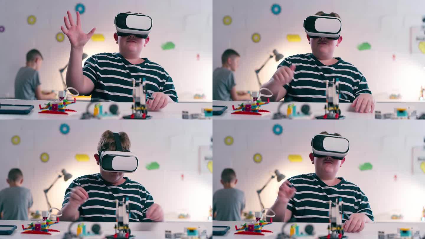 虚拟现实，虚拟世界和教育与一个男孩在机器人课上学习或儿童发展。技术，互动和界面与学生使用虚拟现实耳机