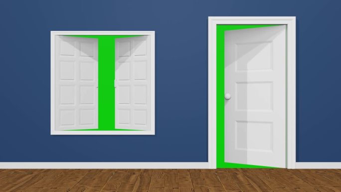 蓝房门窗向内开启，门窗后为绿屏，蓝房门窗开启带绿屏入口，4K门窗开启绿屏3d动画