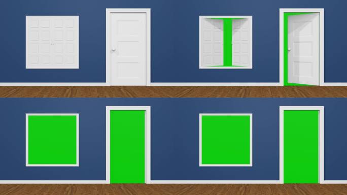蓝房门窗向内开启，门窗后为绿屏，蓝房门窗开启带绿屏入口，4K门窗开启绿屏3d动画
