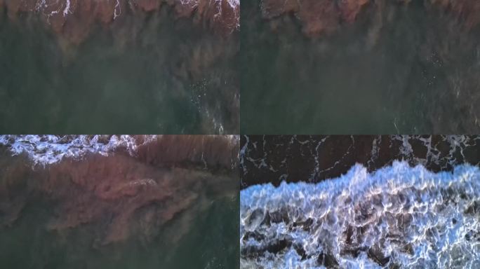 海岸的俯视图。海泡石。日落时到达海岸的海浪。4K无人机视频