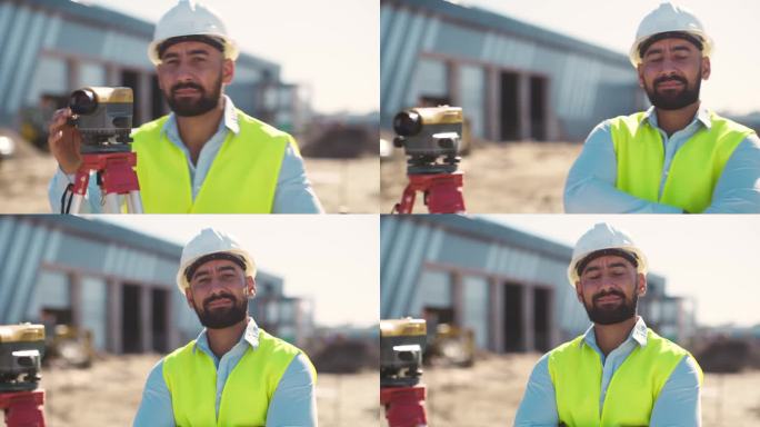 脸，建筑师和双臂交叉的男子在建筑工地测量经纬仪。肖像，自信的工程师和土木工程专业与测量相机，工具或机