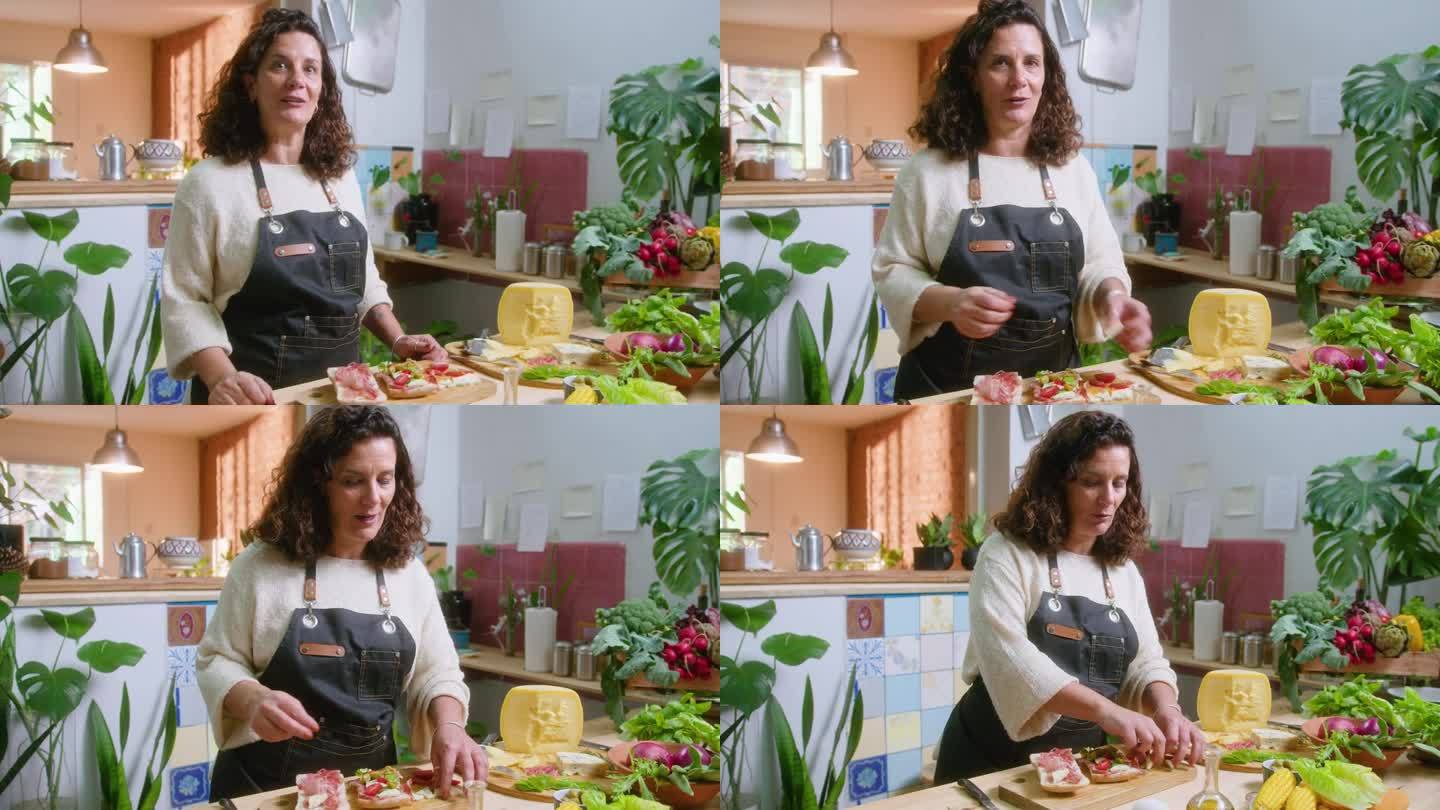 成熟女厨师烹饪和制作厨房Vlog