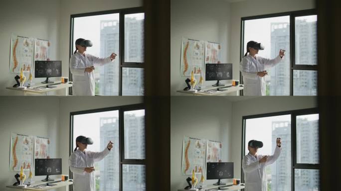 医生在她的办公室医院里使用VR眼镜