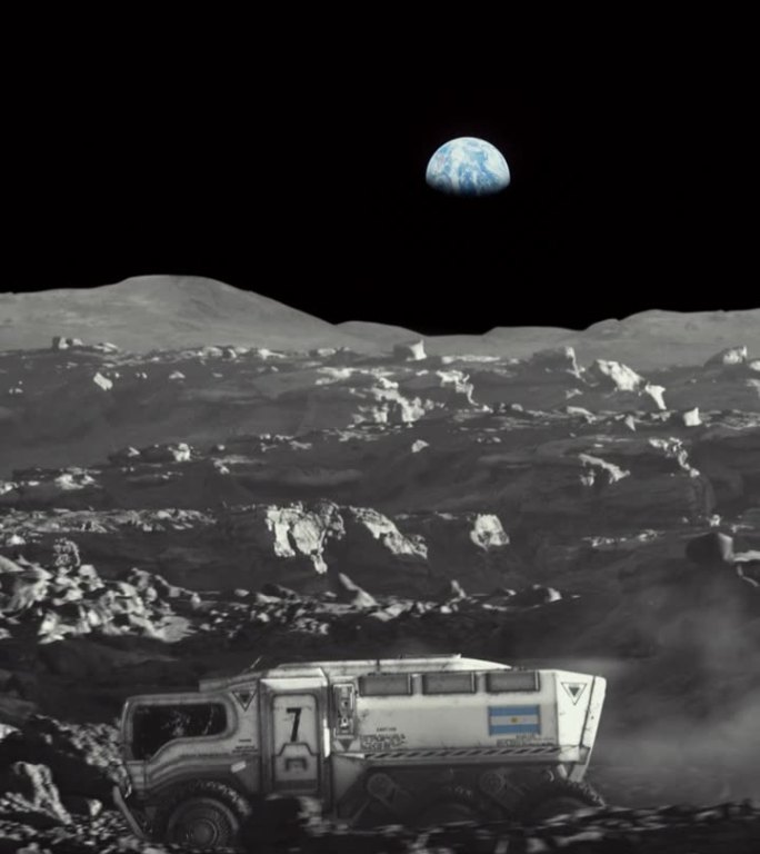 月球的太空殖民。放大带着阿根廷国旗的月球车探索月球表面的垂直视频