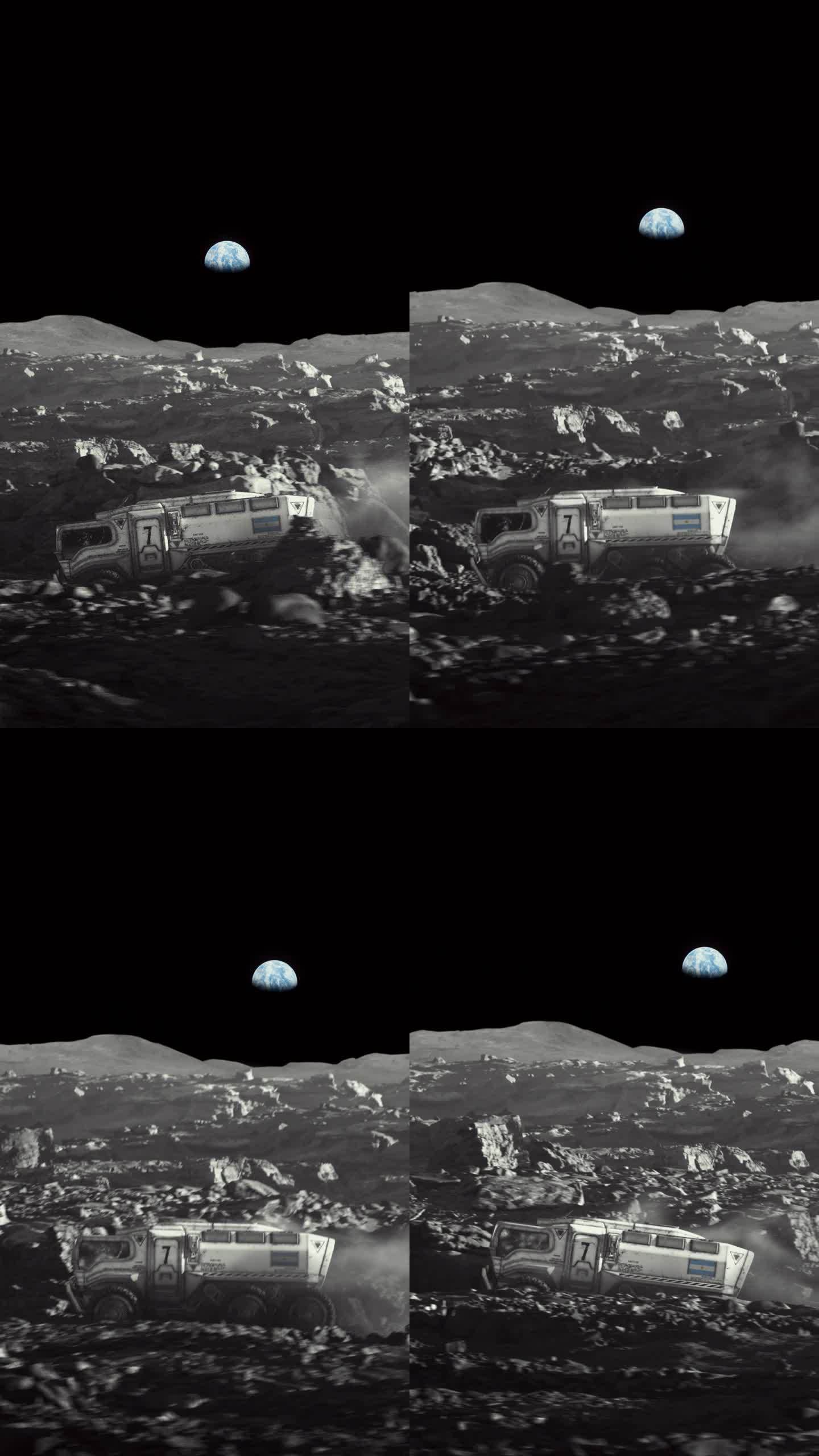 月球的太空殖民。放大带着阿根廷国旗的月球车探索月球表面的垂直视频