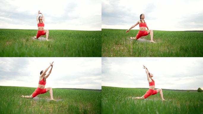 穿着橙色衣服的运动女子在新鲜的绿色田野里做瑜伽。复杂的体式——卧倒、平衡、禅。健身，天天练自然，健康