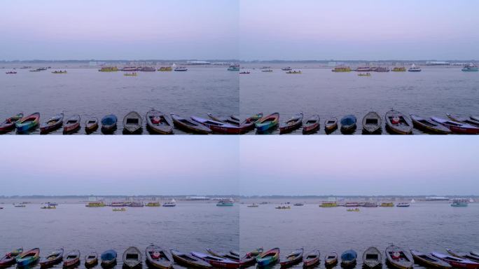 在印度北方邦圣城瓦拉纳西，日落时分，游船在恒河上行驶。