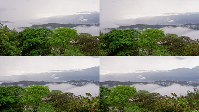 下雨天城市云图的航拍全景