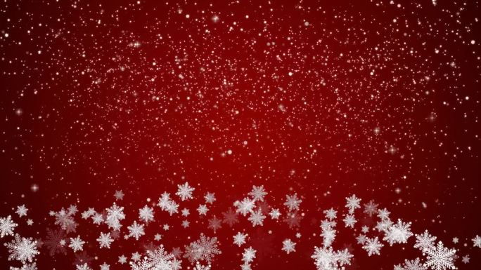 4K雪花飘落在蓝色的天空，红色的颗粒在冬天的圣诞背景下圣诞快乐，