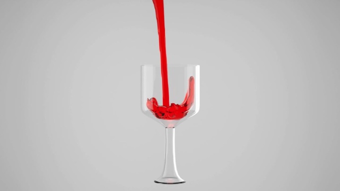 3D渲染红色流体，葡萄酒流入玻璃杯，液体流入酒杯
