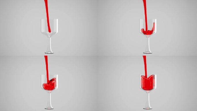 3D渲染红色流体，葡萄酒流入玻璃杯，液体流入酒杯