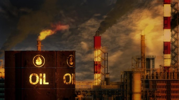 石油桶在炼油工业设施的背景下，虚构的循环视频