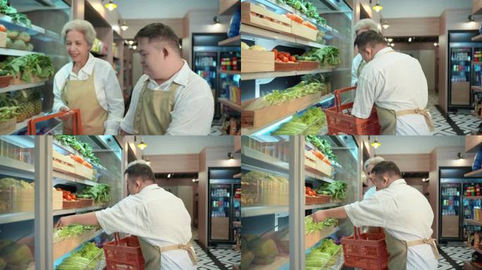 患有唐氏综合症的年轻亚洲男子和他的资深女同事站在冰箱前采摘蔬菜和食品，然后送到顾客家。残疾超市。