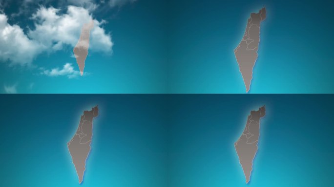 以色列国家地图，放大在现实的云飞过。照相机在以色列地图上放大天空效果。背景适合公司介绍，旅游，演讲。