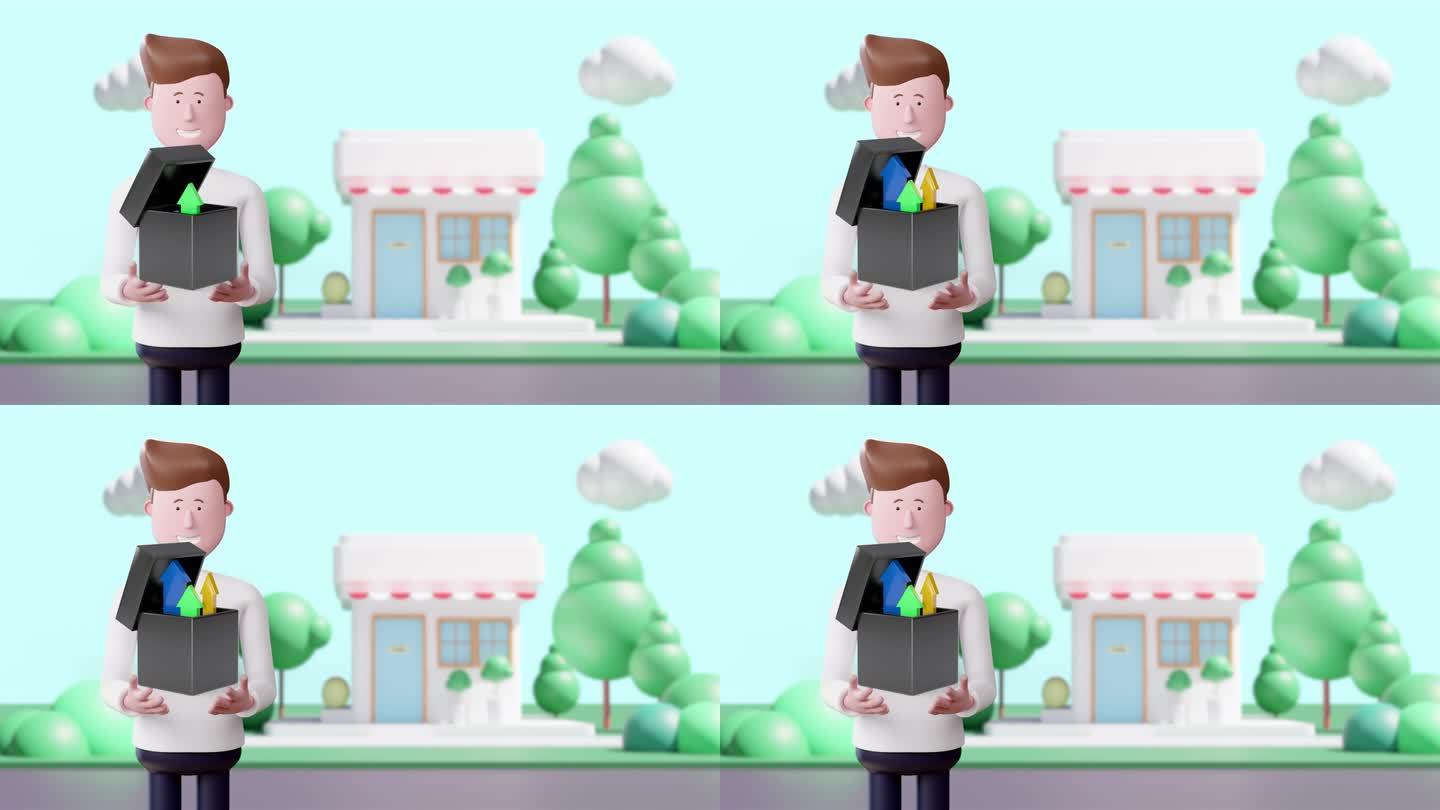 3d动画商人拿着盒子向上移动的箭头，成长的商业卡通。4 k