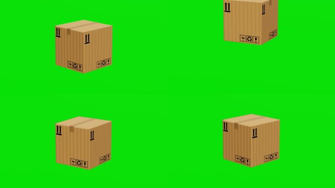 单个货物箱与三种不同类型的动画绿屏或色度键。3D货箱动画。电子商务，仓储，配送和包装的服务理念。三维