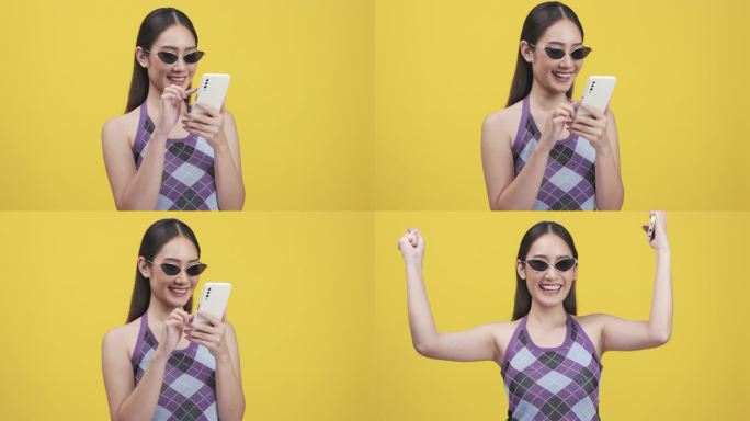 年轻美丽的亚洲妇女宣布与声音有关促销打折价格在黄色背景。用扩音器大声喊出来。