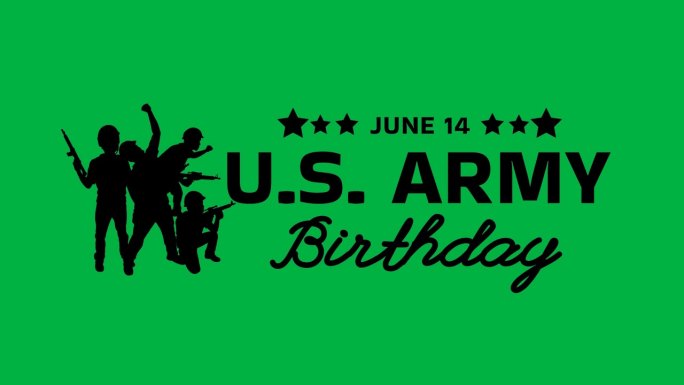 美国陆军生日6月14日文本动画绿屏背景。美国陆军的生日是用国旗和文字动画来庆祝的。6月14日庆祝美国