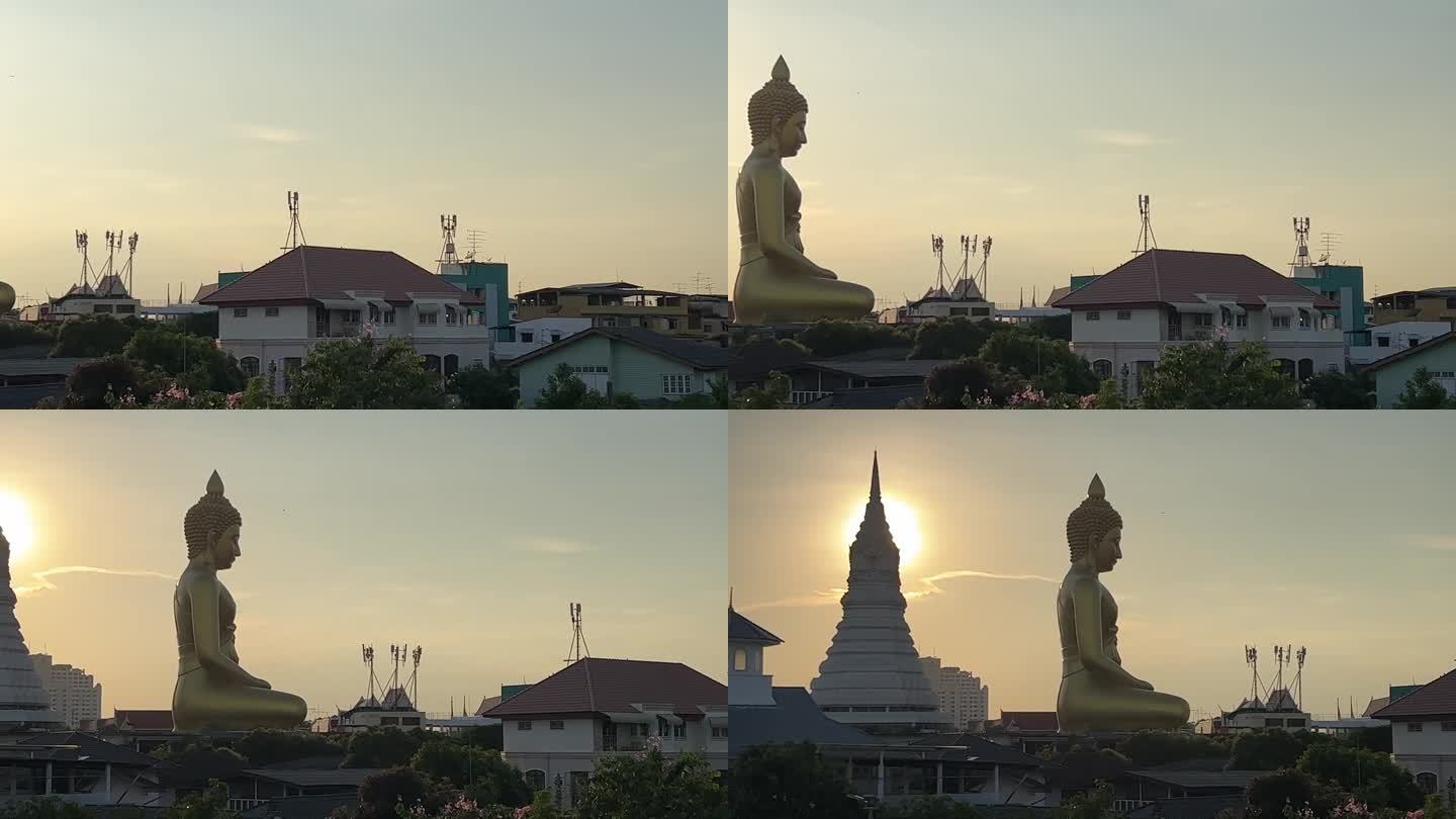 2023年5月4日，泰国曼谷:日落时的大佛像和宝塔景观(Wat Paknam Phasi Charo