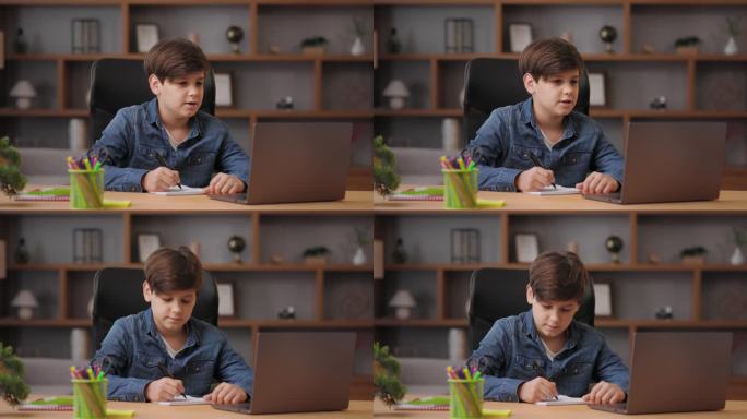 男生有网络课、与老师视频通话、答疑、记笔记、检查知识。可爱的少年在家里用笔记本电脑学习。远程教育和家