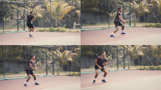 一名亚裔马来少年在网球场打网球友谊赛