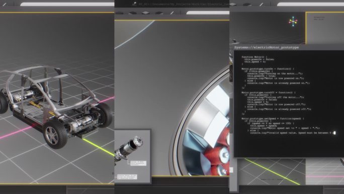 分屏视频概念三维CAD软件，开发电动汽车