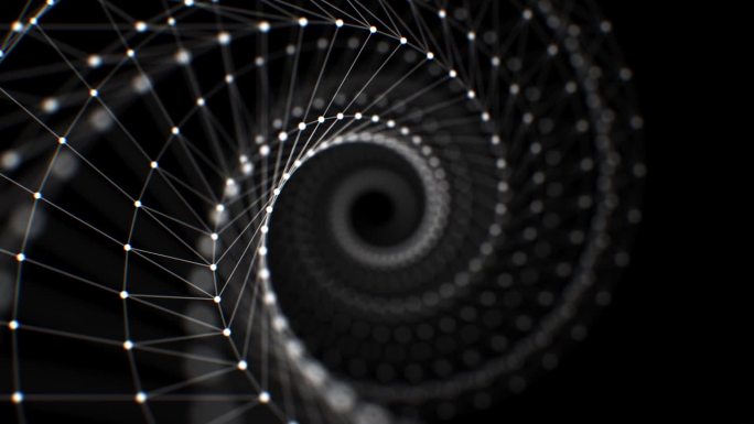 网络螺旋移动通过无缝3d动画。白色网格螺旋结构线和点可循环的抽象背景。技术概念