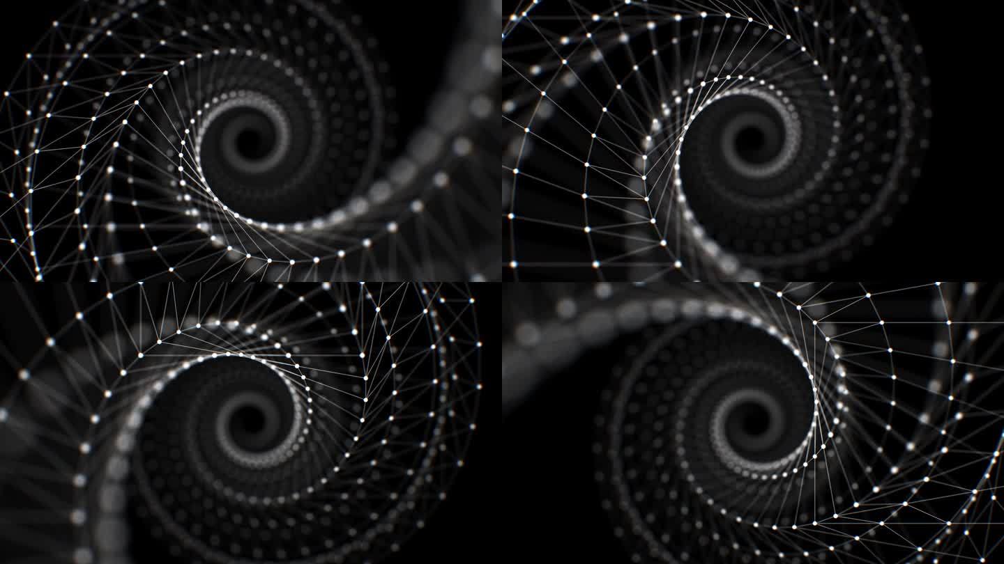 网络螺旋移动通过无缝3d动画。白色网格螺旋结构线和点可循环的抽象背景。技术概念