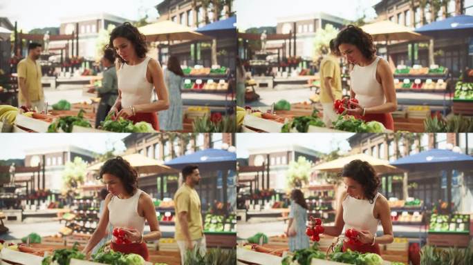 巴西女顾客从当地农民的摊位购买可持续有机西红柿。美丽的拉丁女人从户外街头小贩那里购买水果和蔬菜