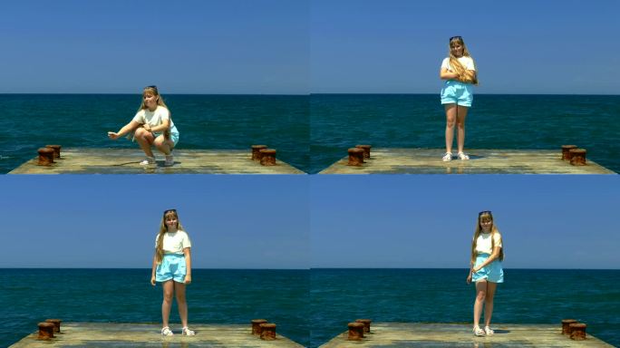 女孩在海边的码头上跳舞