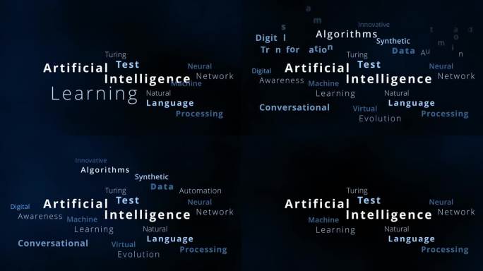 人工智能标签云和词云与人工智能术语，如神经网络，图灵测试，机器学习，自然语言处理或算法数字化转换