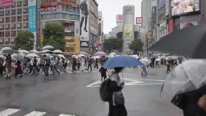 倾斜三角帆射击。日本东京，行人穿过涩谷十字路口