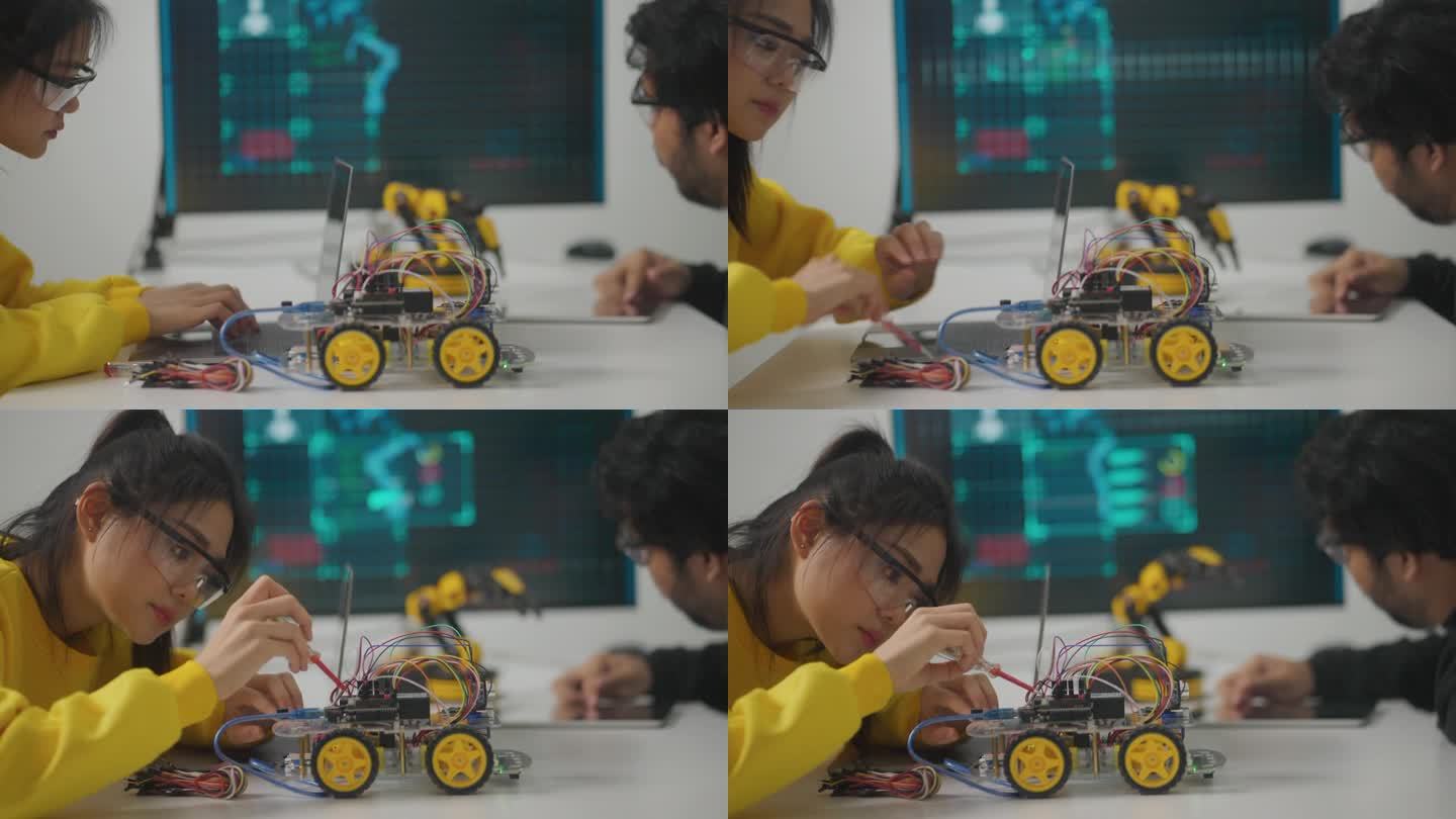 青少年的作品和在实验室测试微型机器人。技术还是创新理念。