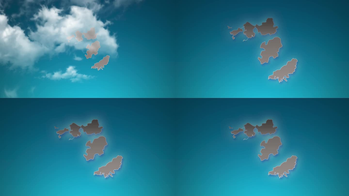 韩国国家地图，放大现实的云飞过。相机在韩国地图上放大天空效果。背景适合公司介绍，旅游，演讲。