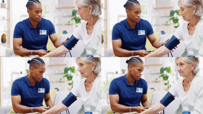 护理人员，黑人男性或老年妇女在医院进行血压测试，以监测心脏健康。保健、高血压咨询或内科护士为病人做检