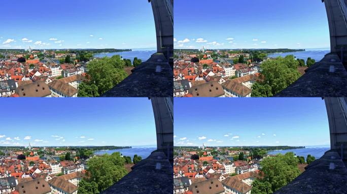 在一个阳光明媚的夏日，从大教堂的阳台上延时拍摄的莱茵河大桥和道路交通。