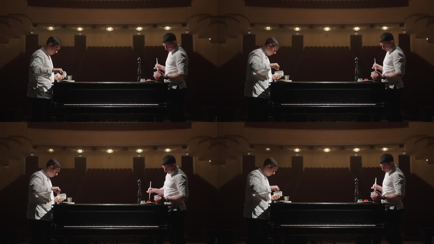 两位厨师在歌剧院烹饪豪华餐点，法国高级美食展示