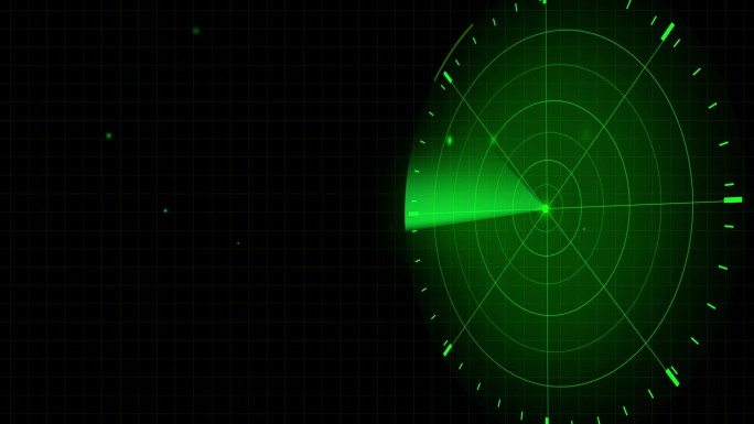 军用搜索和跟踪系统。数字雷达导航和目标探测。雷达绿屏在三维视图与复制空间。循环播放4K视频