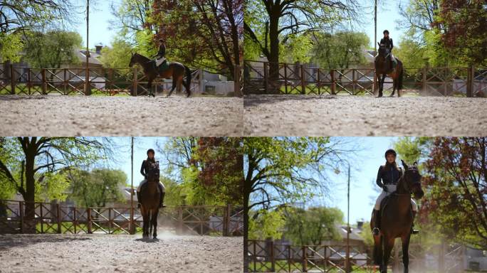 跟踪射击纯种种马沿着围场围栏散步，走到相机路过离开。美丽的高加索女人坐在马背上微笑。