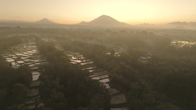 空中无人机拍摄的印尼巴厘岛丛林中，以阿贡火山为背景的高山梯田的日出景象。