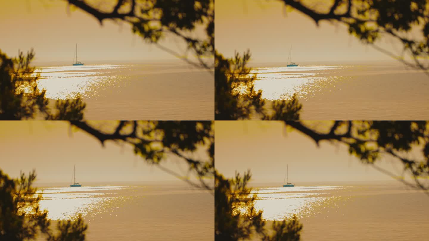 日落时，大海上的帆船映衬着天空