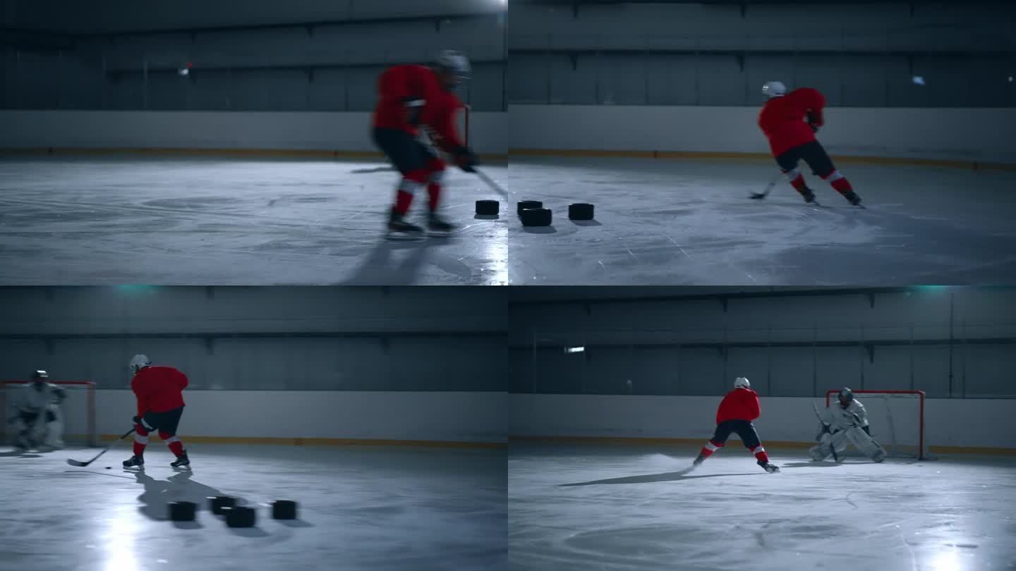 一名身穿红色球衣的冰球运动员在黑暗的冰场上展示着他令人难以置信的敏捷和速度