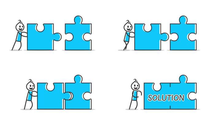 简笔画人物推动拼图与另一块连接的动画，解决问题