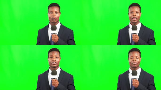 黑人，广播记者，与媒体、新闻和带麦克风的记者一起出现在绿屏上。谈话，肖像和男性报道与模拟空间和交流的