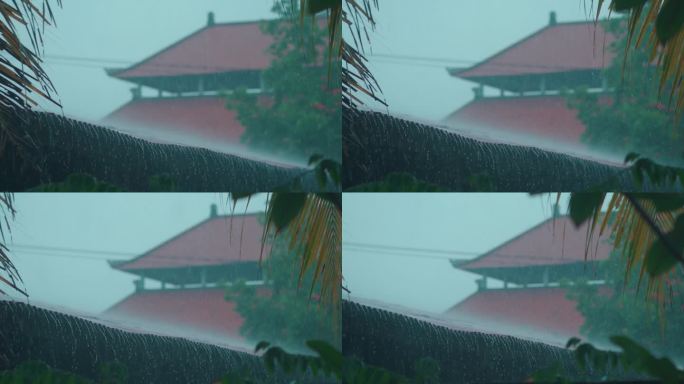 以寺庙为背景的亚洲热带雨的慢动作