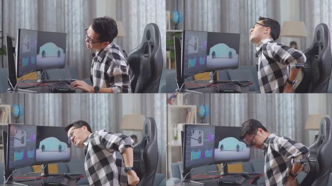 亚洲男性汽车设计师在家里的台式电脑上制作电动汽车3D模型时腰痛的侧面图