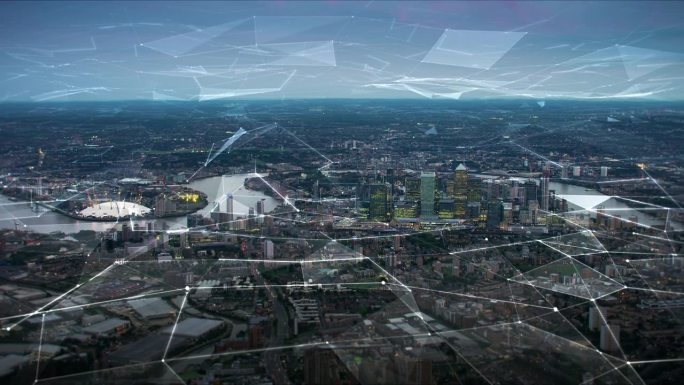 伦敦天际线的鸟瞰图与连接。Technology-Futuristic。高科技的金融区景观通过网络连接