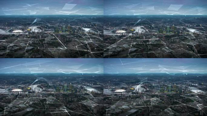 伦敦天际线的鸟瞰图与连接。Technology-Futuristic。高科技的金融区景观通过网络连接